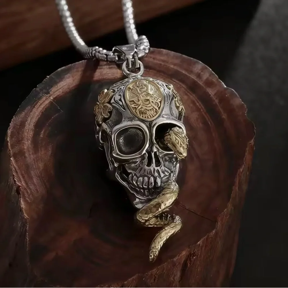 Silver and Gold Skull Pendant with Snake‎ Design